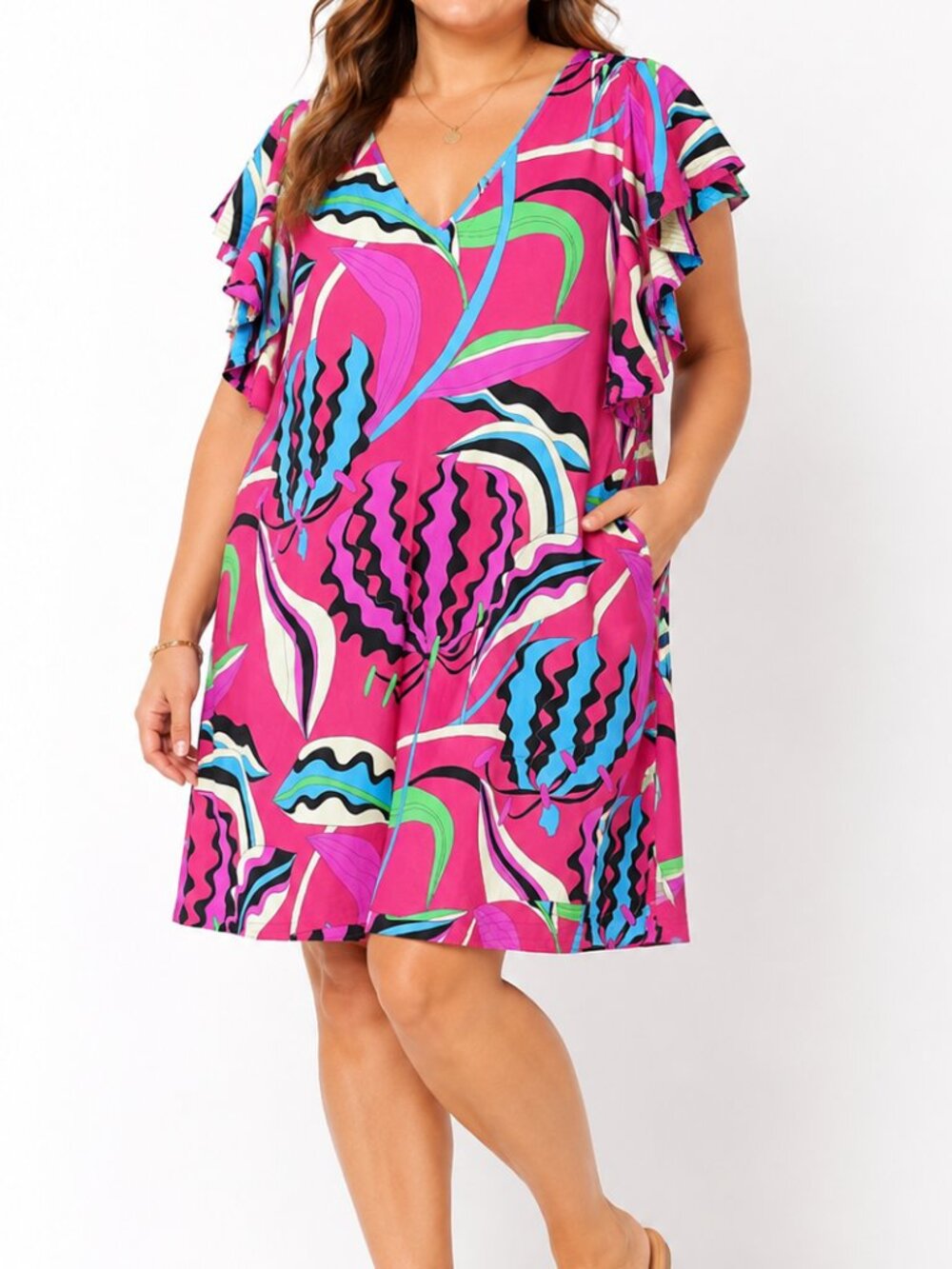 Oliphant Floral V Neck Dress Womens 2XL Pink Boho Ruffle Sleeve Festival